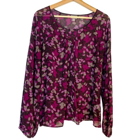 J Jill 100% Silk Leaves Print Long Sleeve Top Size Medium Purple Pink Relaxed - Picture 1 of 11